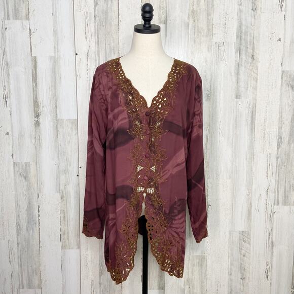 Papillon Embroidered Blouse Brown Tie Dye Button Front Boho Fairy Size M - Picture 1 of 8